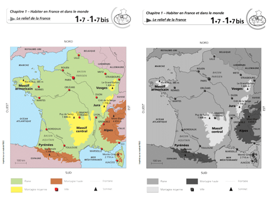 cartes de france en couleur et en noir et blanc